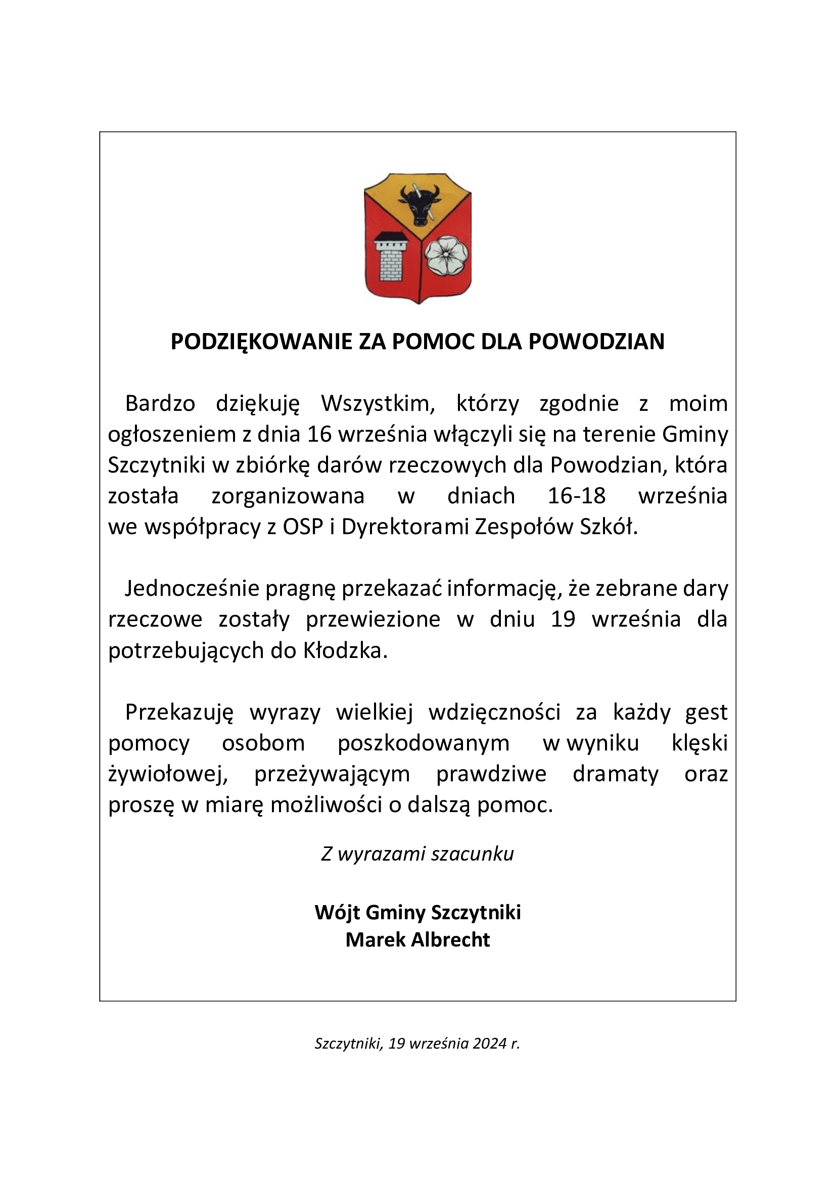 Podziekowanie za pomoc dla Powodzian