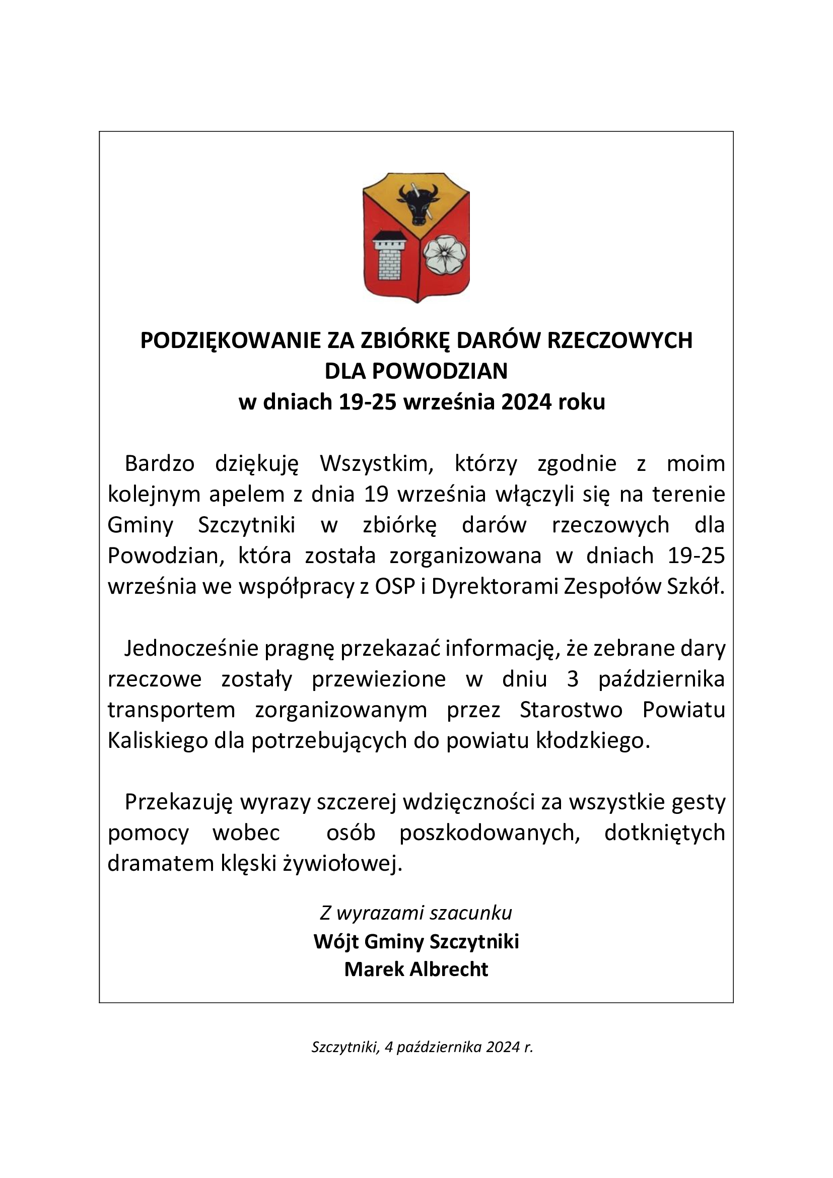 Podziekowanie za pomoc dla Powodzian 04.10.2024