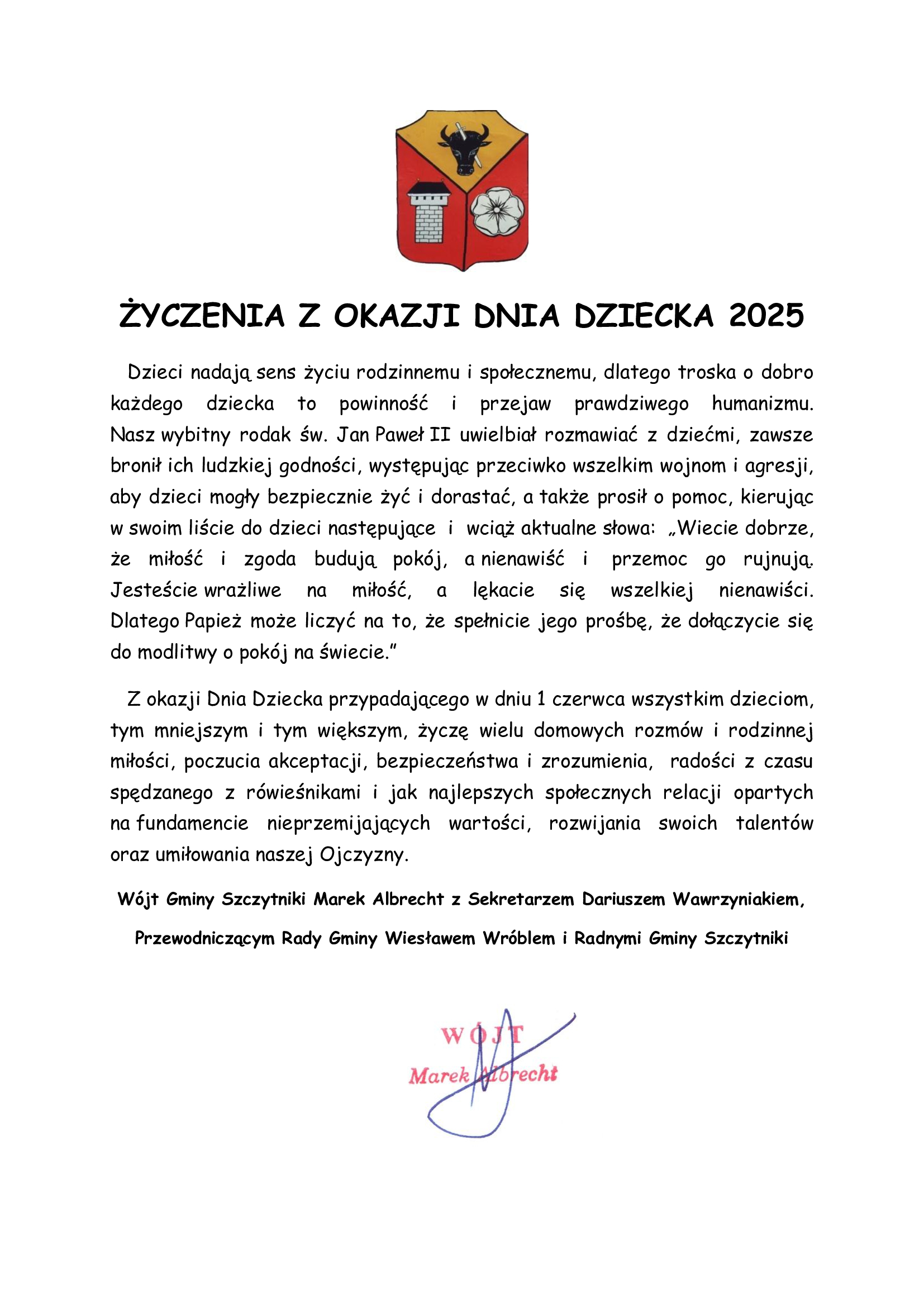 Dzień Dziecka życzenia Wójta Fb
