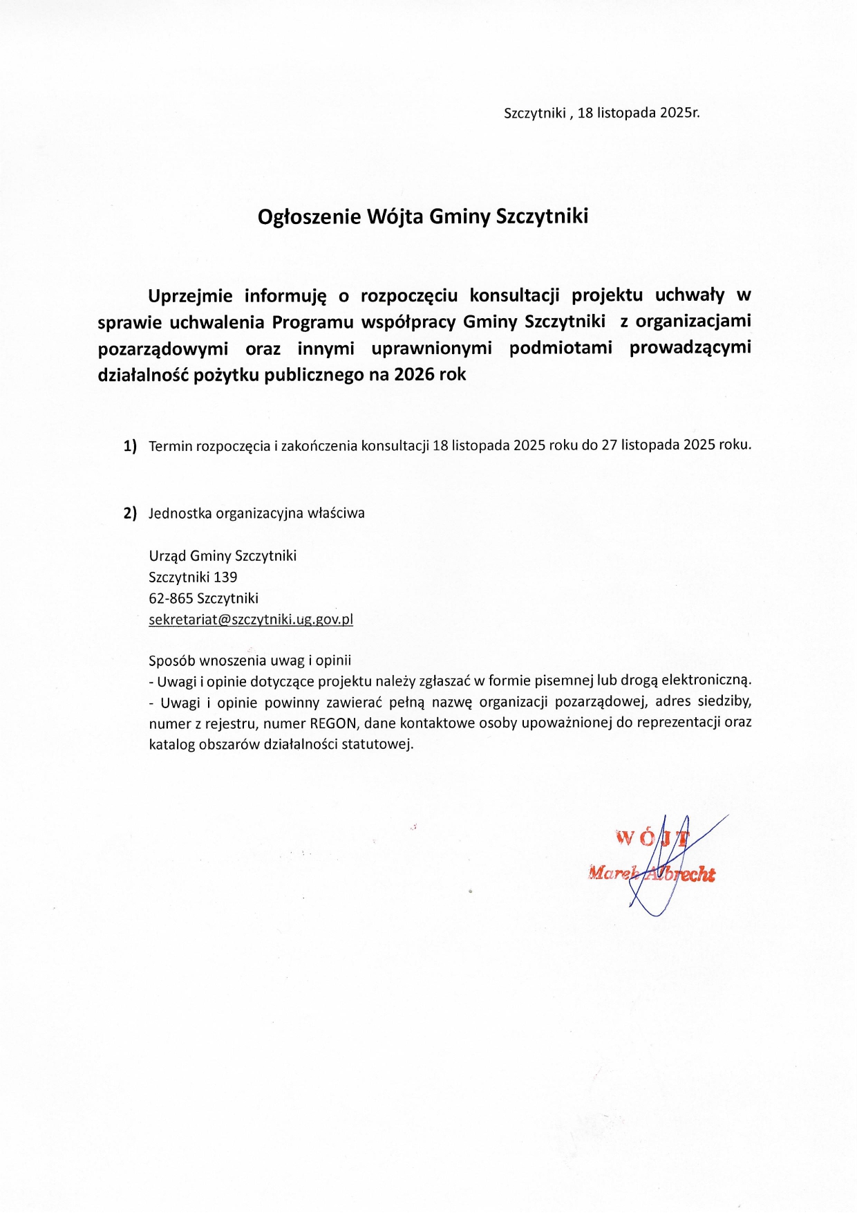 Ogłoszenie Wójta Gminy Szczytniki page 0001